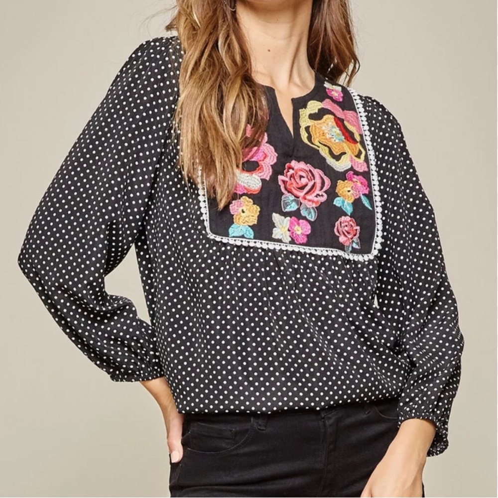 Savanna Jane Black White Pink Red Polka dot Floral Bohemian Blouse Casual Tops S